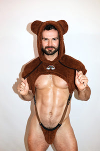 Queer Bear Hoodie Strap Thong Bodysuit- Brown
