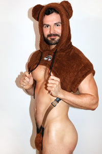 Queer Bear Hoodie Strap Thong Bodysuit- Brown