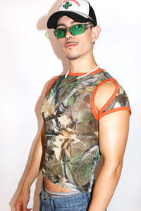 Leafy Camo Mesh Cutout Fitted Baby Tee- Orange