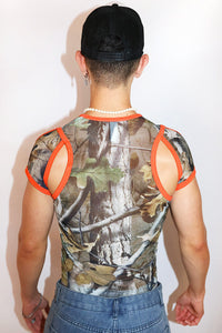 Leafy Camo Mesh Cutout Fitted Baby Tee- Orange