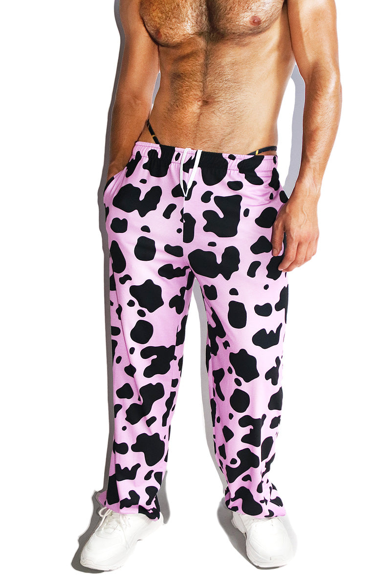 Cow All Over Print Wide Pants- Pink