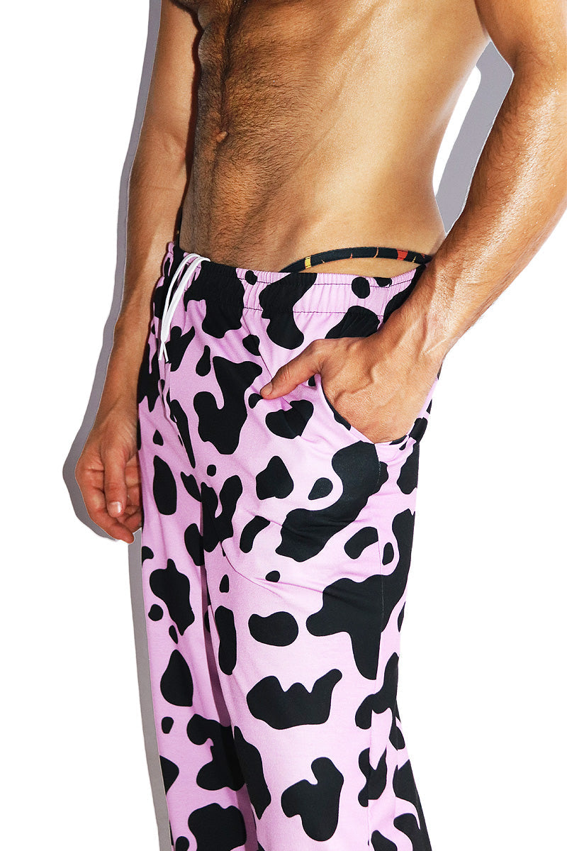 Cow All Over Print Wide Pants- Pink