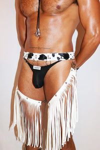 Cow Print Gogo Fringe Chap Belt-White