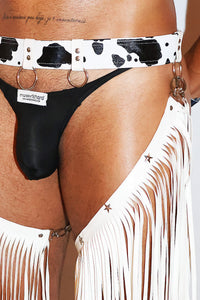 Cow Print Gogo Fringe Chap Belt-White