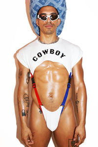 Cowboy Fringe Strap Thong Bodysuit- White
