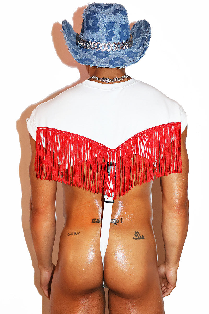 Cowboy Fringe Strap Thong Bodysuit- White