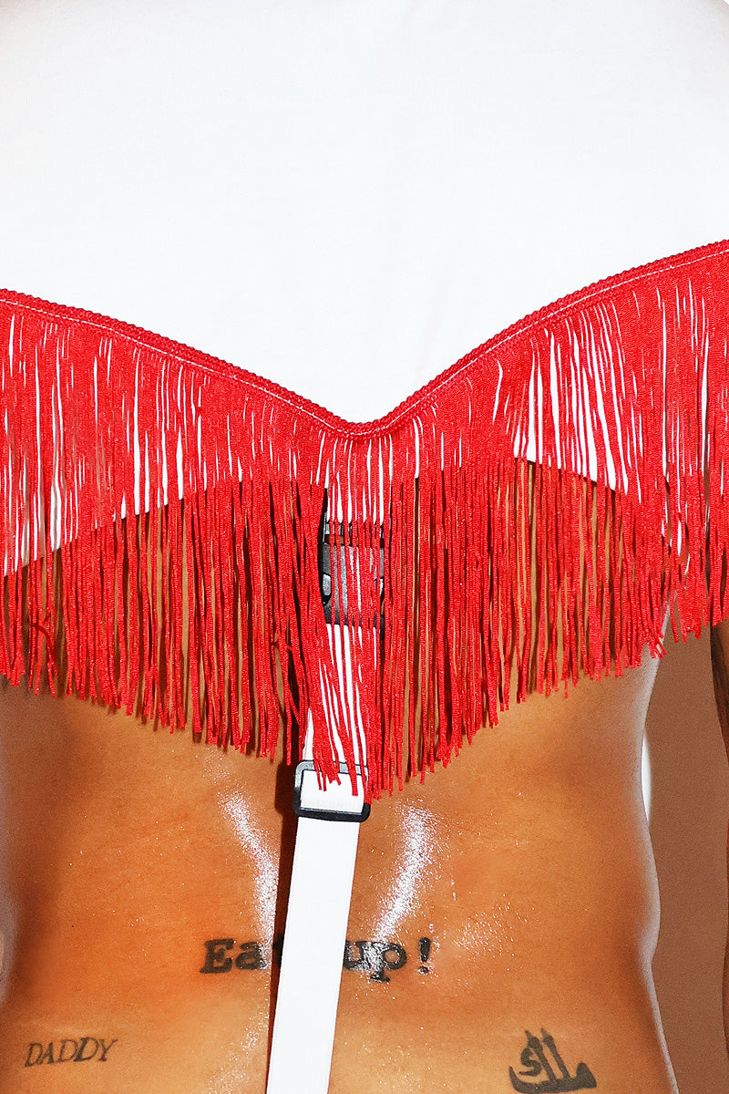 Cowboy Fringe Strap Thong Bodysuit- White