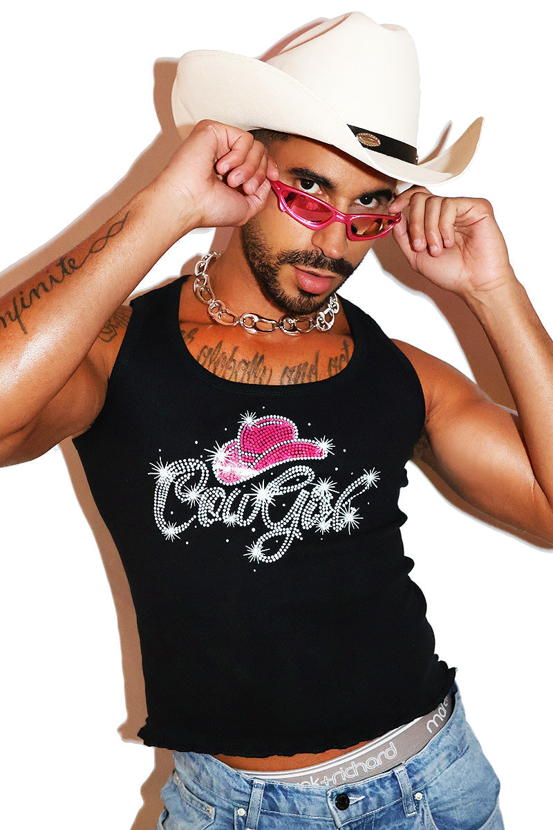 Cowgirl Rib Knit Lettuce Hem Crop Racerback Tank-Black