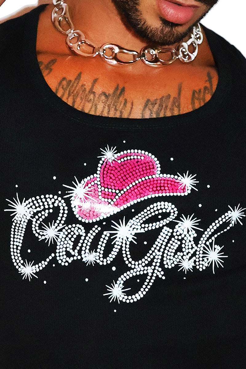 Cowgirl Rib Knit Lettuce Hem Crop Racerback Tank-Black