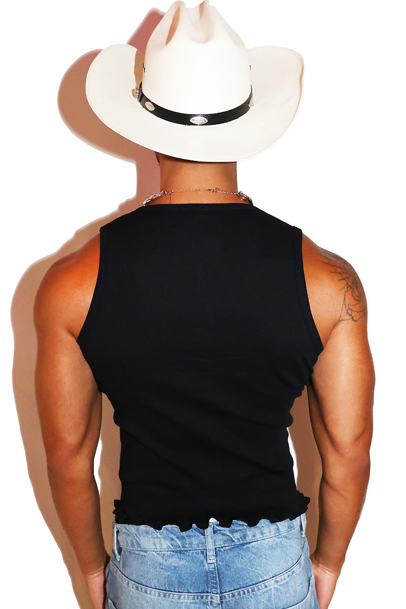 Cowgirl Rib Knit Lettuce Hem Crop Racerback Tank-Black