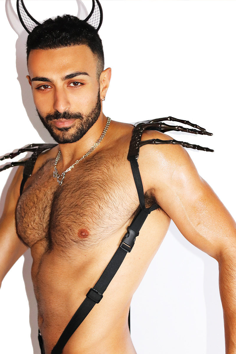 Evil Demon King Strap Thong Bodysuit- Black