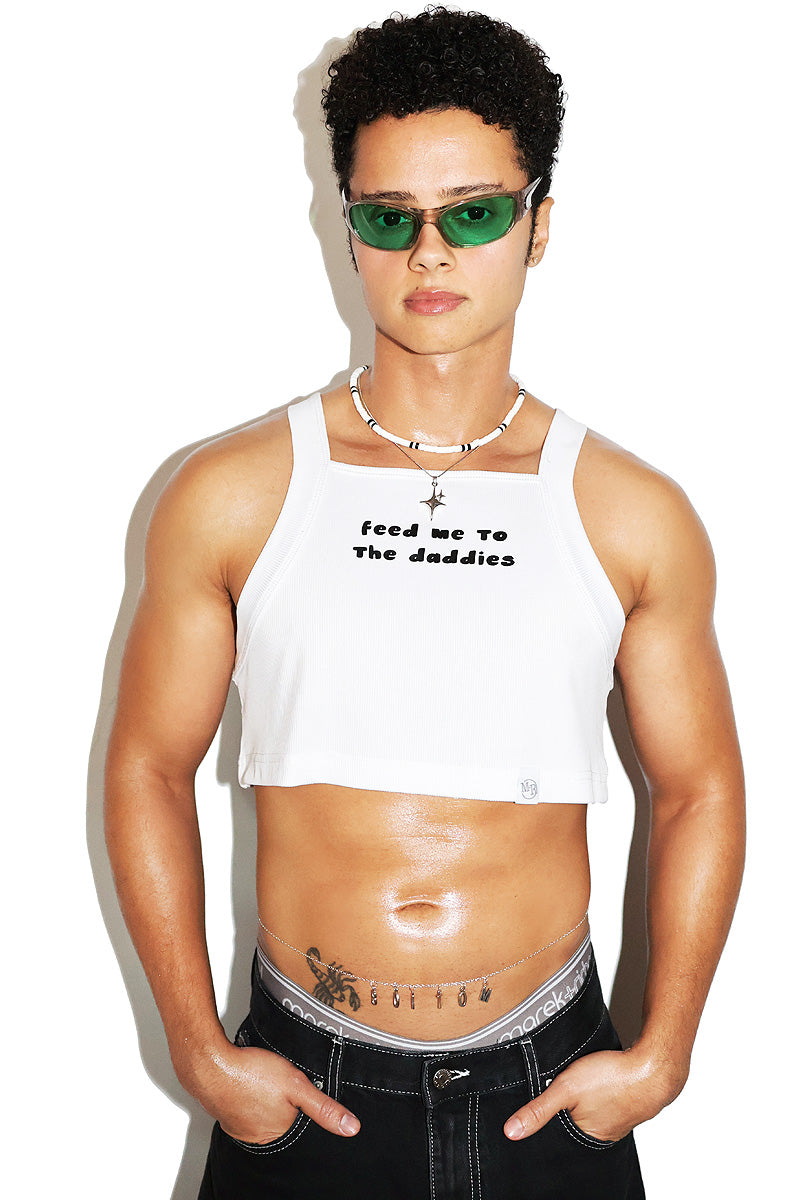 Feed Me To The Daddies Thick Extreme  Crop Racerback Tank- White