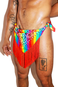Fringe Rainbow Drape Bandana Thong  - Red