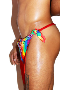 Fringe Rainbow Drape Bandana Thong  - Red