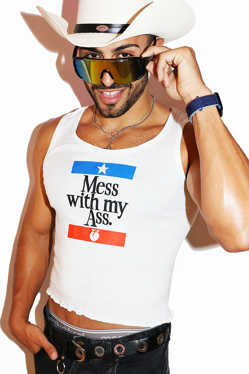 Mess With My Ass Rib Knit Lettuce Hem Crop Racerback Tank-White