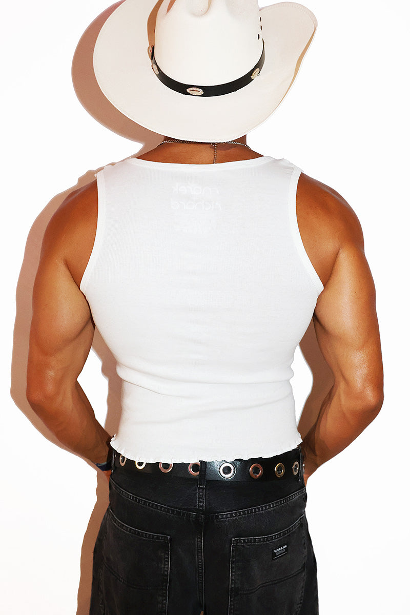 Mess With My Ass Rib Knit Lettuce Hem Crop Racerback Tank-White