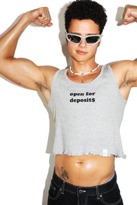 Open For Deposits Rib Knit Lettuce Hem Crop Racerback Tank-Grey
