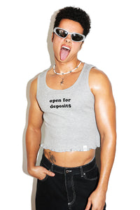 Open For Deposits Rib Knit Lettuce Hem Crop Racerback Tank-Grey