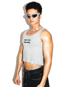 Open For Deposits Rib Knit Lettuce Hem Crop Racerback Tank-Grey