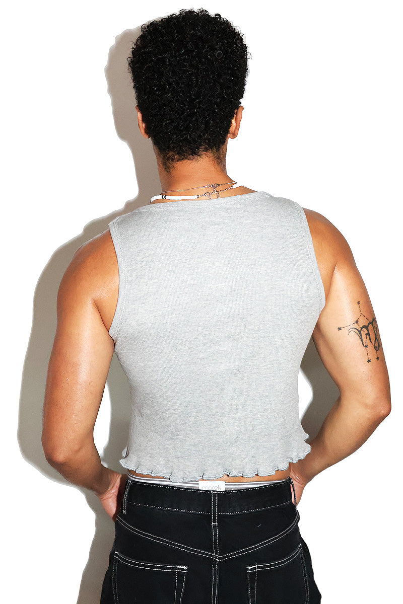 Open For Deposits Rib Knit Lettuce Hem Crop Racerback Tank-Grey