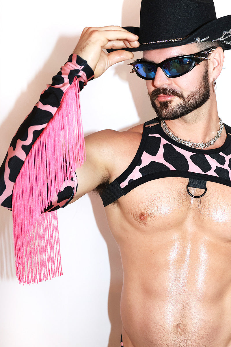 Pink Cow Print Fringe Gauntlet Gloves- Pink