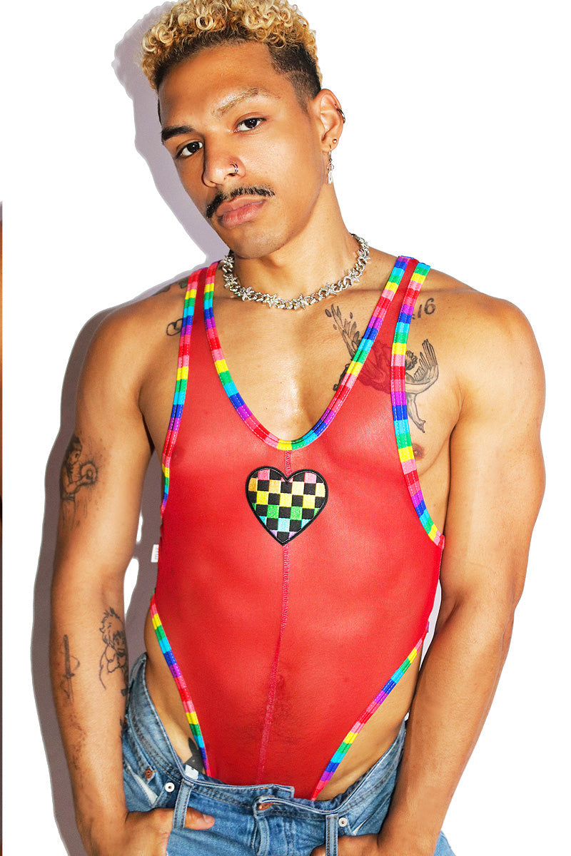Racing Rainbow Mesh Thong Bodysuit- Red