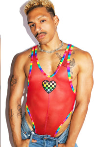 Racing Rainbow Mesh Thong Bodysuit- Red