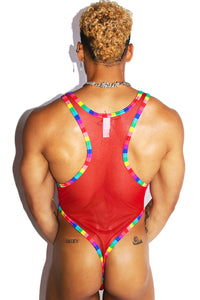 Racing Rainbow Mesh Thong Bodysuit- Red