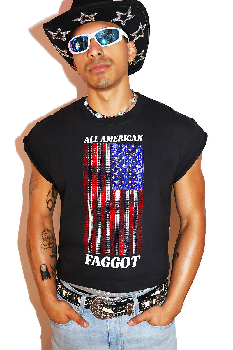 All American Faggot Rhinestone Oversized Box Crop Tee- Black