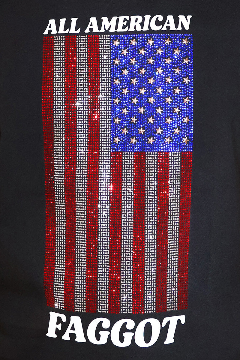 All American Faggot Rhinestone Oversized Box Crop Tee- Black