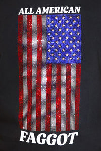 All American Faggot Rhinestone Oversized Box Crop Tee- Black