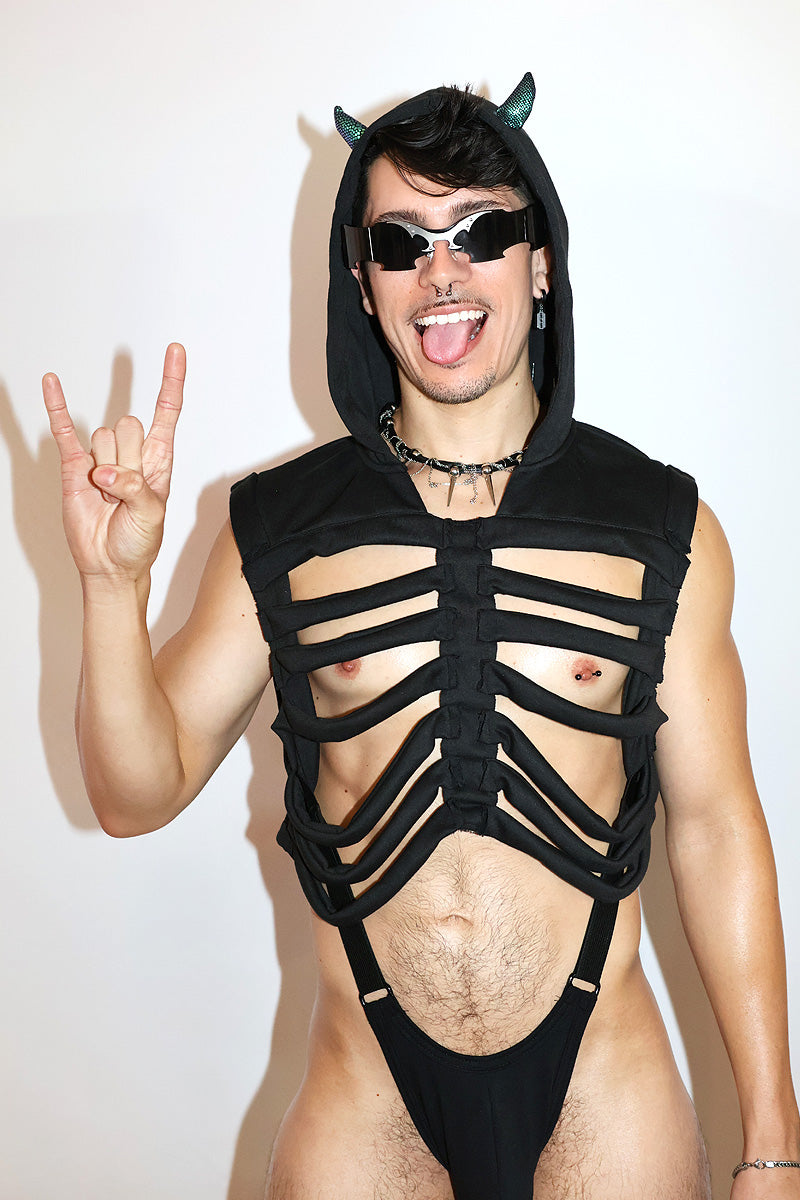 Skeleton Hoodie Strap Thong Bodysuit- Black