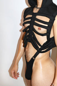 Skeleton Hoodie Strap Thong Bodysuit- Black