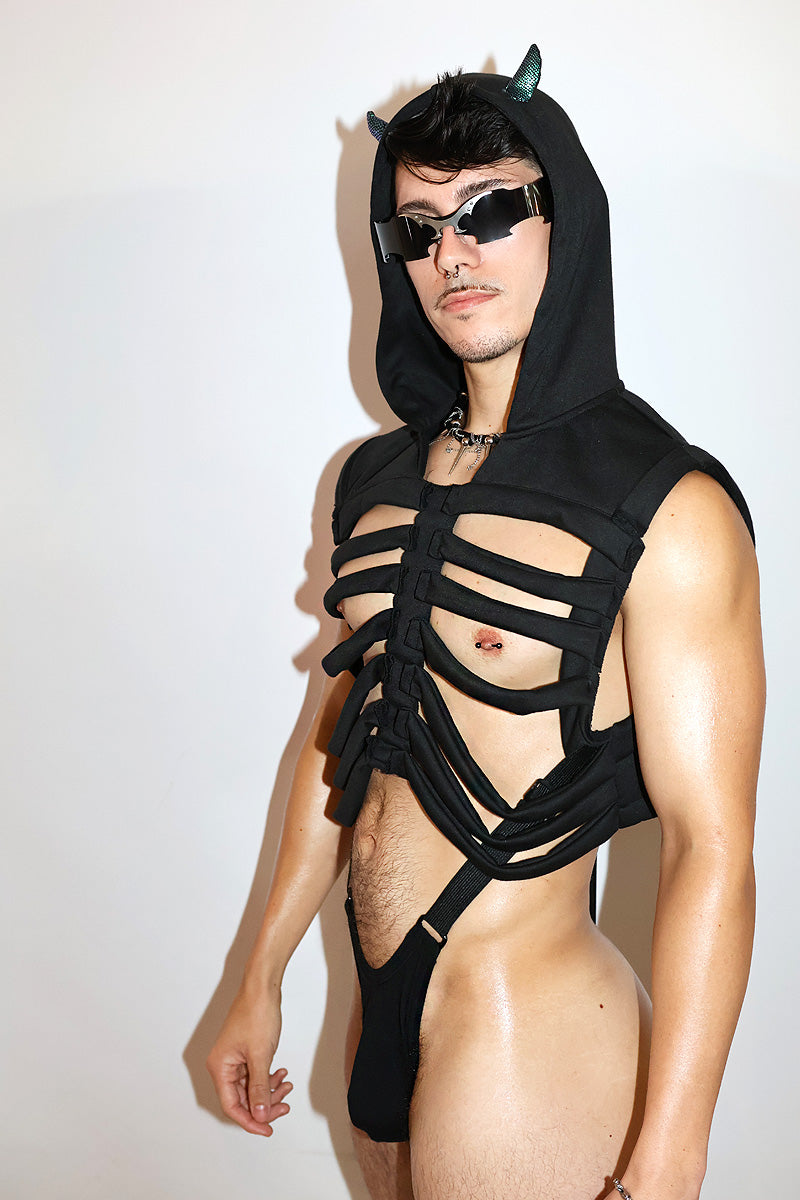 Skeleton Hoodie Strap Thong Bodysuit- Black