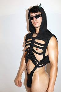 Skeleton Hoodie Strap Thong Bodysuit- Black