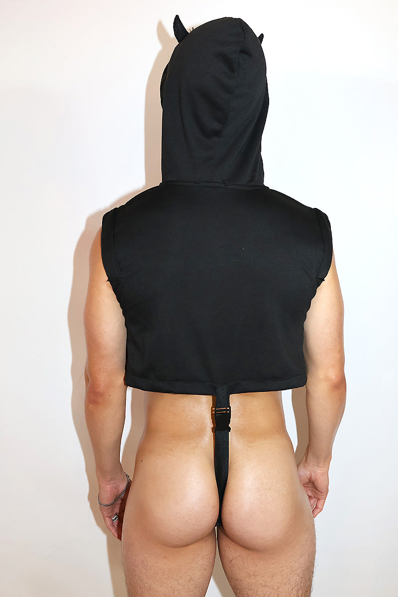 Skeleton Hoodie Strap Thong Bodysuit- Black