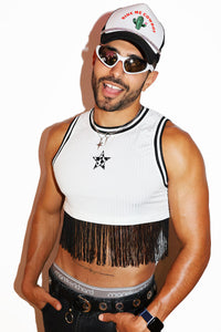 Rodeo Star Fringe Rib Team Jersey Extreme Crop Tank-White