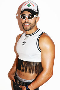 Rodeo Star Fringe Rib Team Jersey Extreme Crop Tank-White