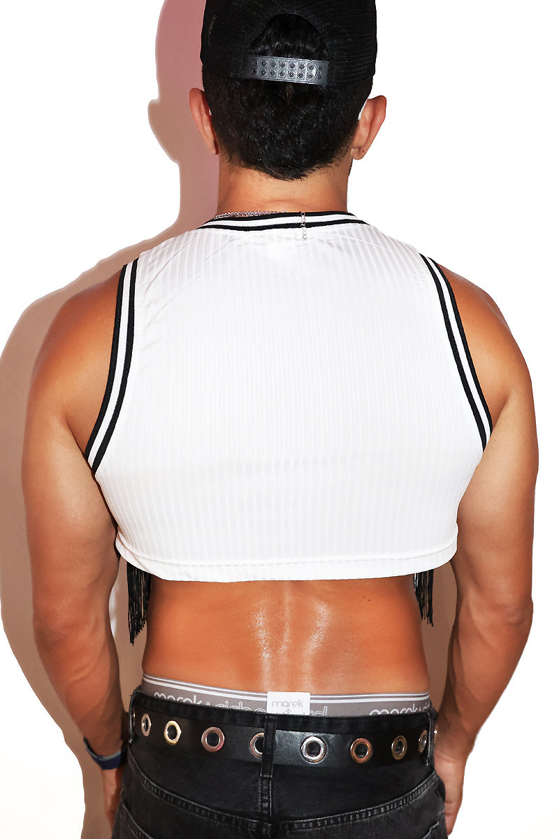 Rodeo Star Fringe Rib Team Jersey Extreme Crop Tank-White