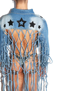 Icon Denim Fringe Oversize Jacket- Blue