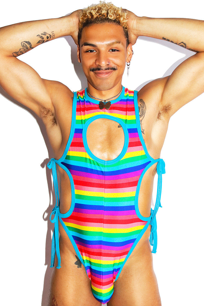 Rainbow Cutout Tied Up Bodysuit- Multi