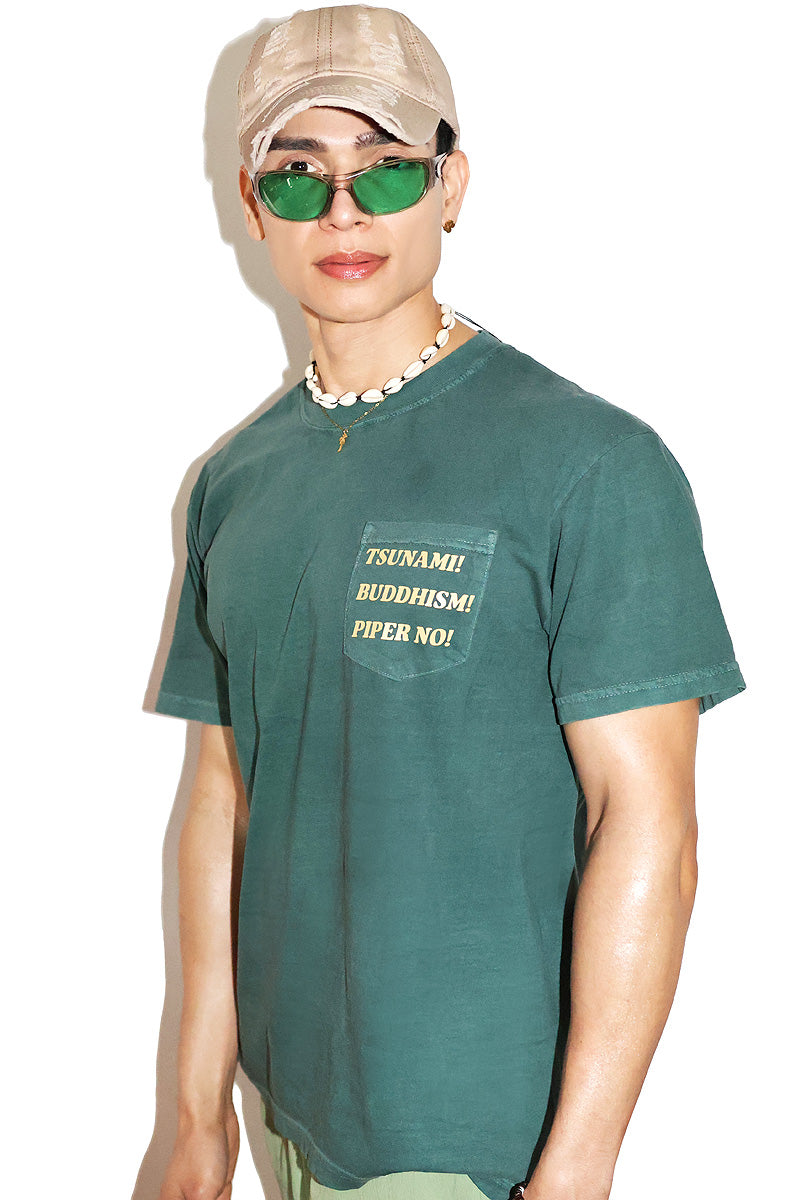 Tsunami, Buddhism, Piper No! Vintage Pocket Tee-Dark Green
