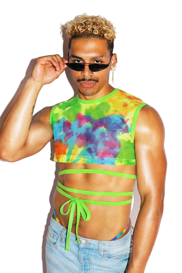 Hippie Tye Dye Mesh Crossed Tie Extreme Crop Tank- Lime