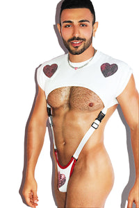 Throbbing Sleeveless Sweatshirt Strap Bodysuit-White