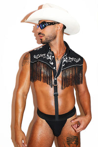 Vintage Cowboy Fringe Strap Thong Bodysuit- Black