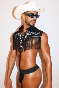 Vintage Cowboy Fringe Strap Thong Bodysuit- Black