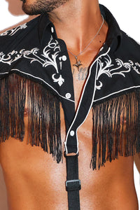 Vintage Cowboy Fringe Strap Thong Bodysuit- Black