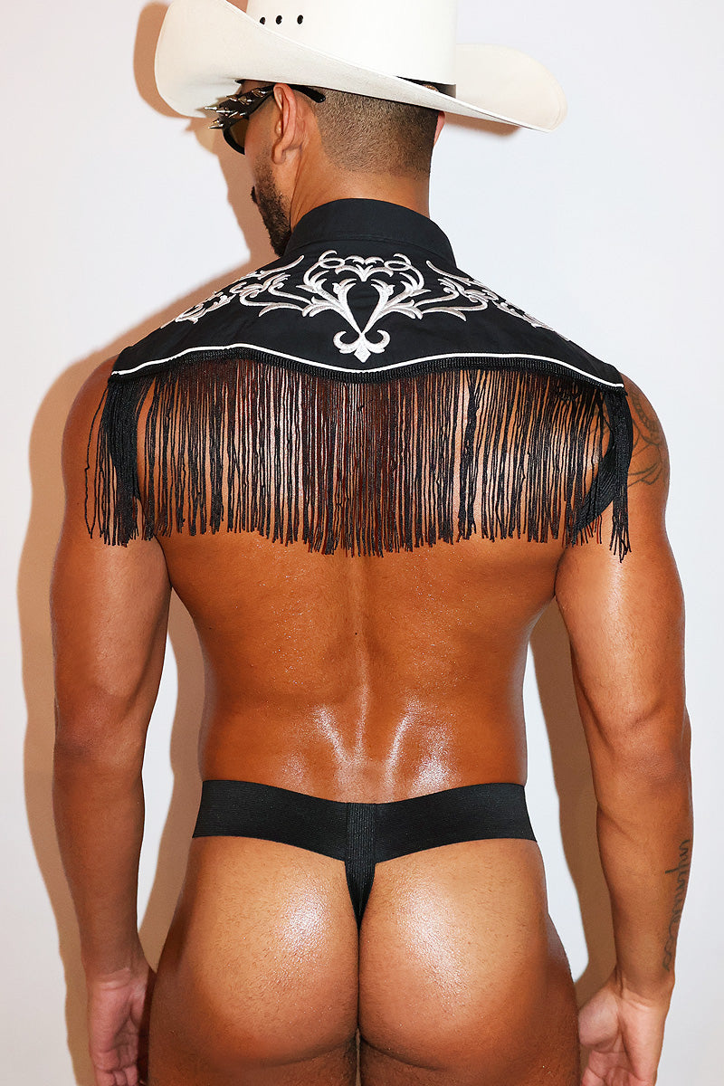 Vintage Cowboy Fringe Strap Thong Bodysuit- Black