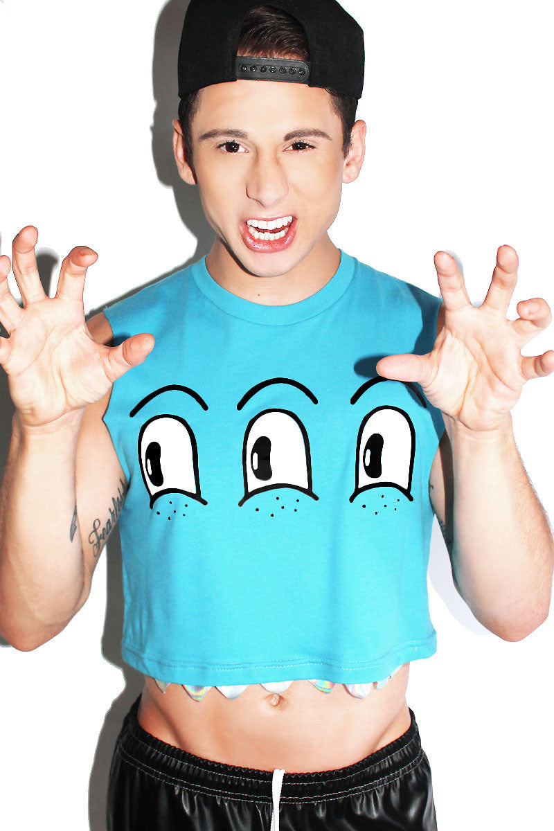 Triple Eyes Monster Crop Tank-Teal