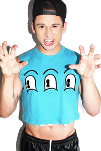 Triple Eyes Monster Crop Tank-Teal
